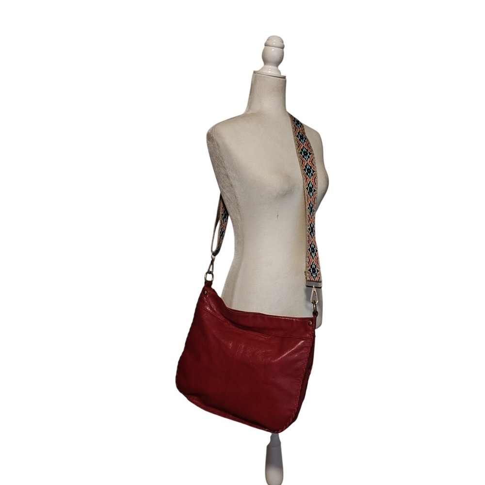 HOBO Deep Red Leather Shoulder Crossbody Bag Woven Strap Boho Chic Conceal Carry